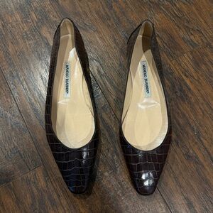 Manolo Blahnik Brown Croc-Embossed flats